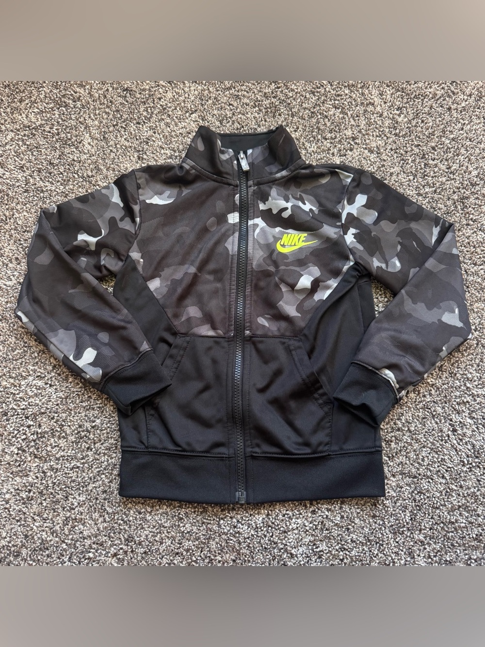 Nike Kids' Black & Gray Camo Full-Zip Hoodie with Neon Yellow Logo